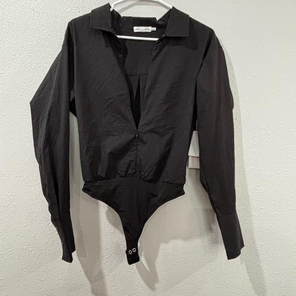 Good American Black Fitted Long Sleeve Bodysuit with Notched Collar Size 1 NWT